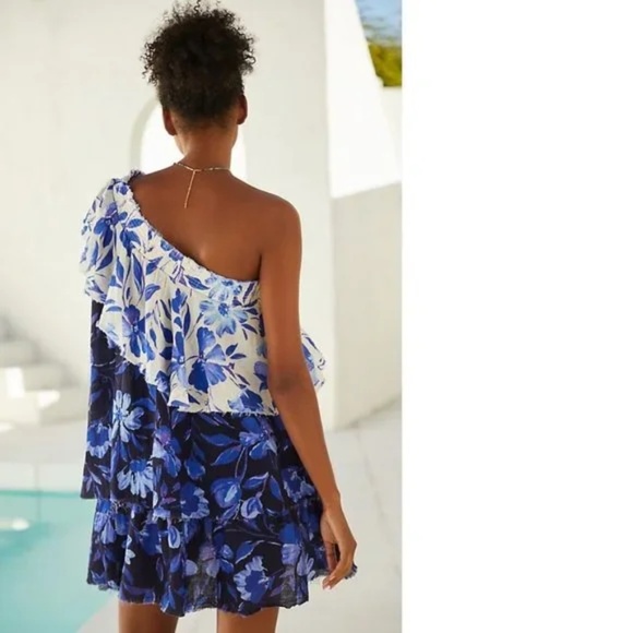 By Anthropologie Easy One-Shoulder Dress Cotton Gauze, Boho, Beach, Blue,M - Picture 5 of 11